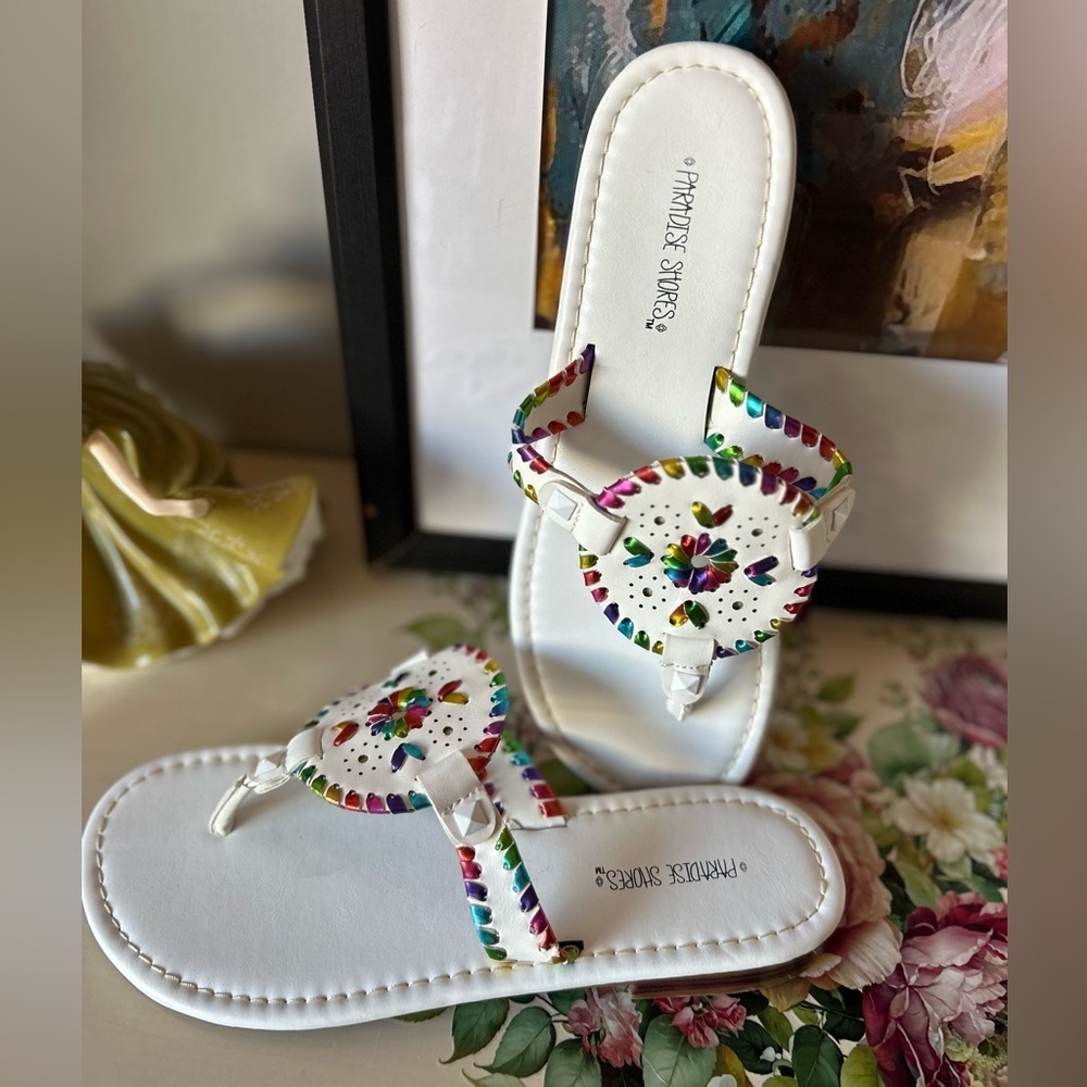 Rainbow Metallic Whipstitch Sandals Size 8